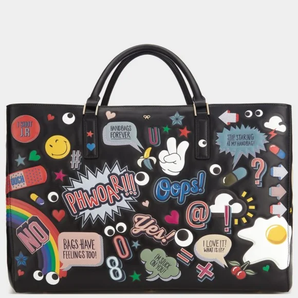 バッグ EBURY ALL OVER STICKERS Anya Hindmarch Anya Hindmarch - Ebury Maxi Black Leather All-Over Stickers Tote